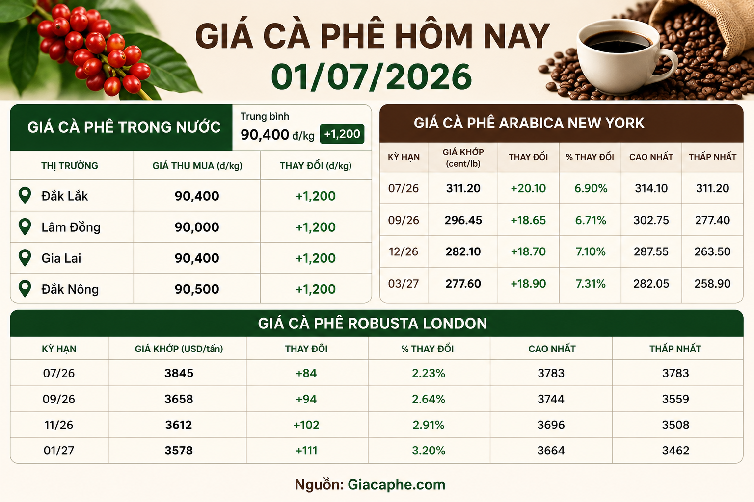 Giá cà phê hôm nay ngày 01/07/2026